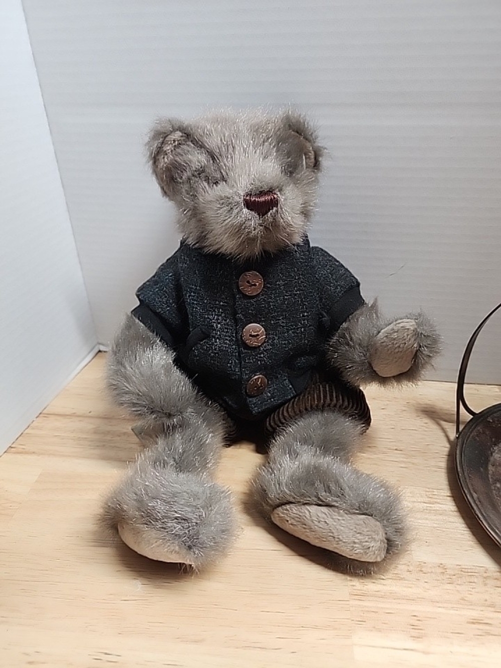 Gray Plush Teddy Bear with Black Jacket - Decorative Plush Toy